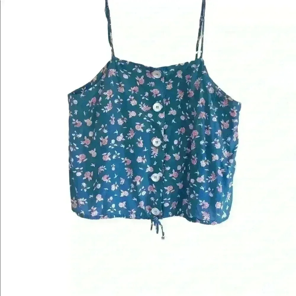 Sam & Lavi Blue Floral Spaghetti Strap Cropped Top Size L